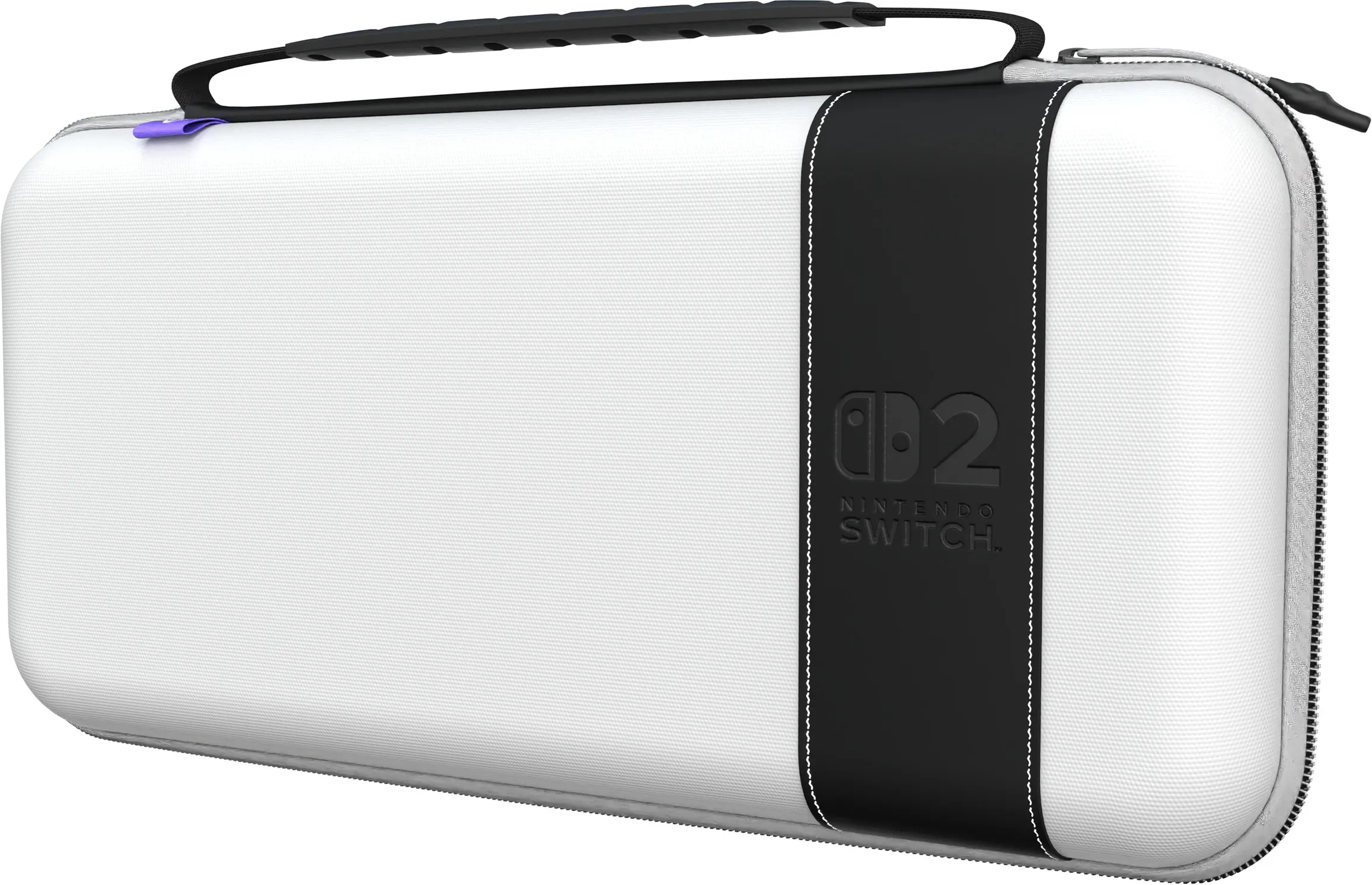Étui blanc Nintendo Switch avec bande et poignée noires. Le logo Nintendo Switch est visible. Une étiquette violette sur le côté.