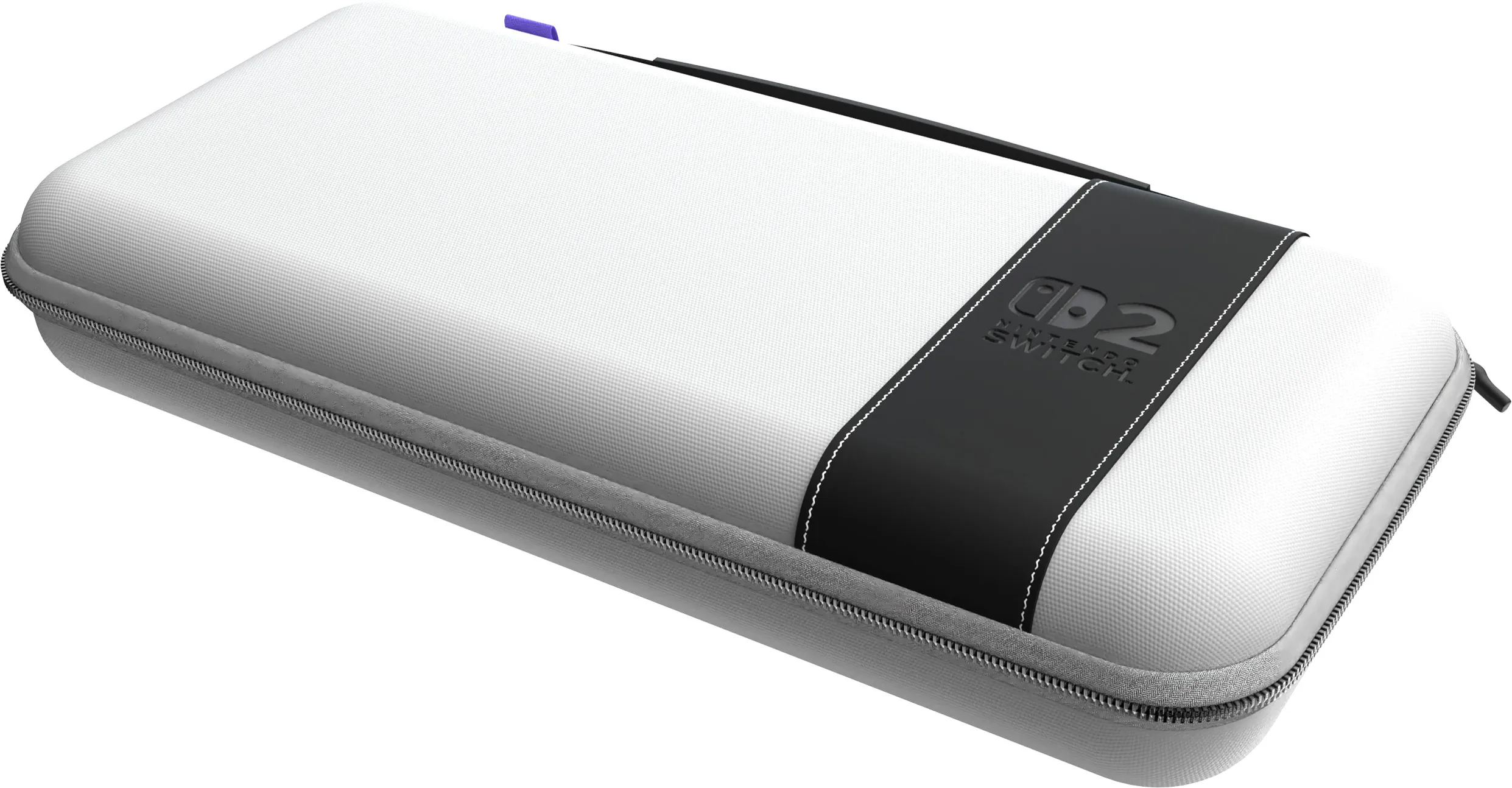 Un étui blanc Nintendo Switch avec une bande noire, un logo et une fermeture éclair grise. Tirette violette en haut.