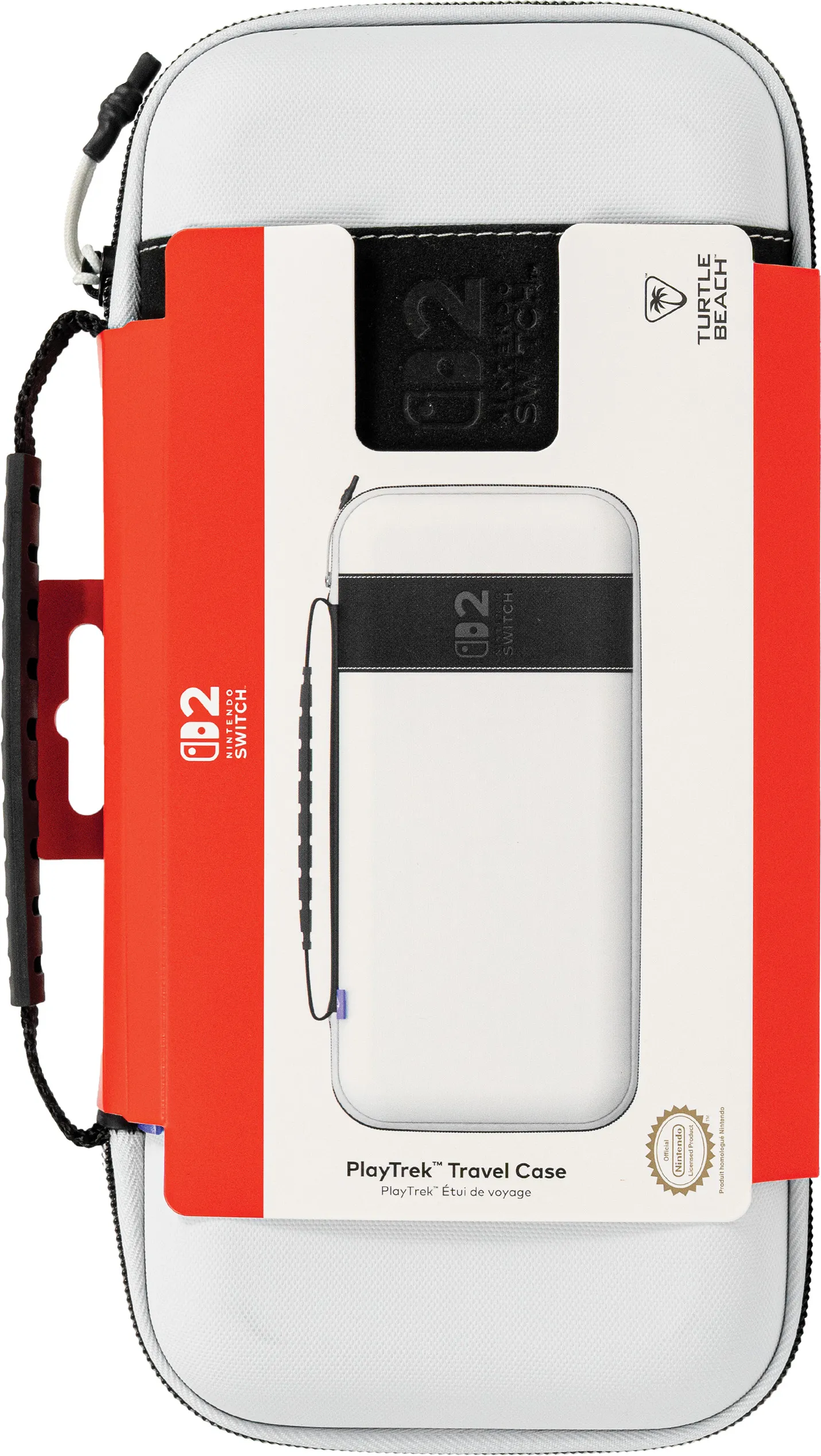 Une housse de voyage blanche pour Nintendo Switch avec une couverture rouge. La housse comprend des accents noirs et le logo Nintendo Switch.