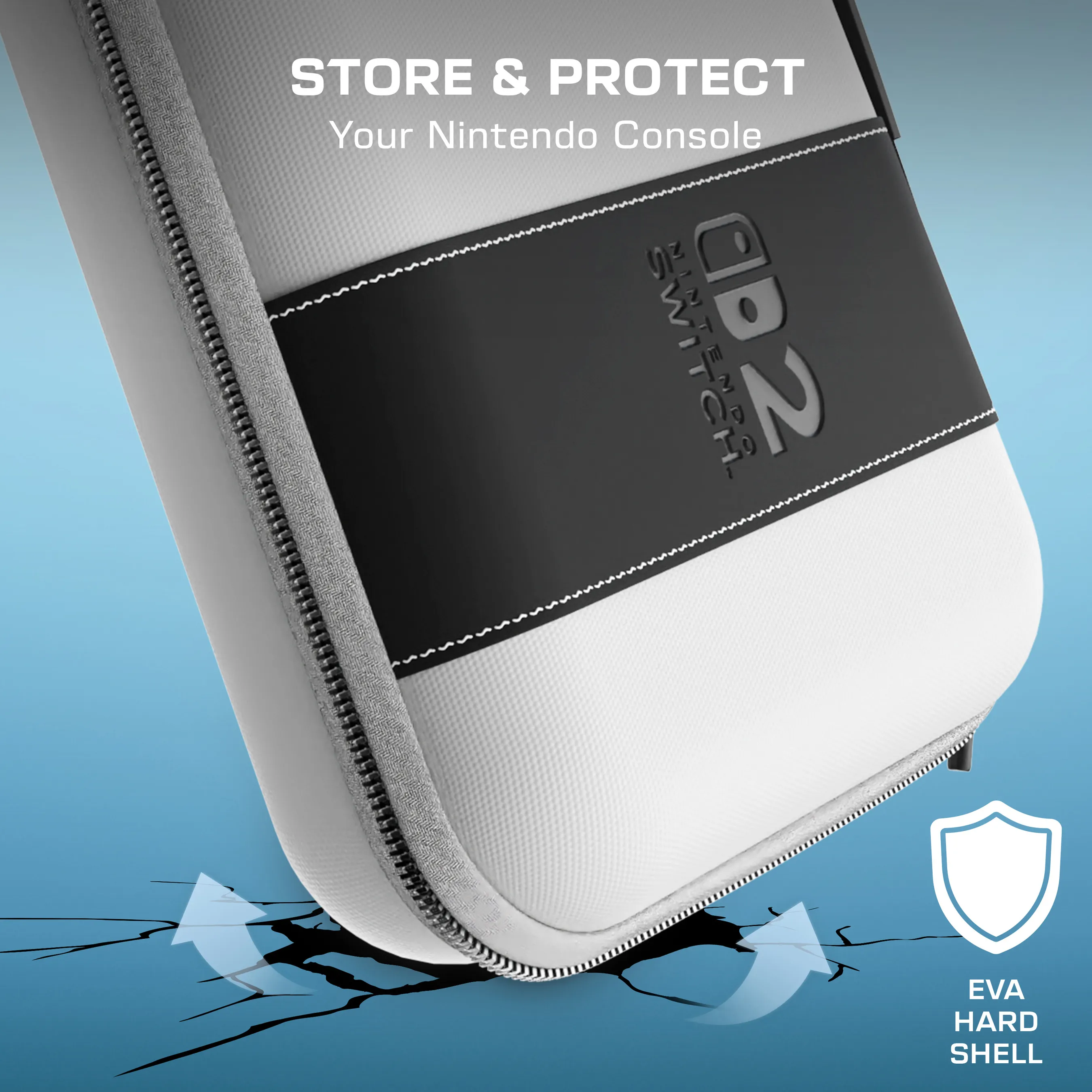 Un étui blanc et noir pour Nintendo Switch avec fermeture éclair et texte 'STORE & PROTECT'. Fissures et flèches bleues.