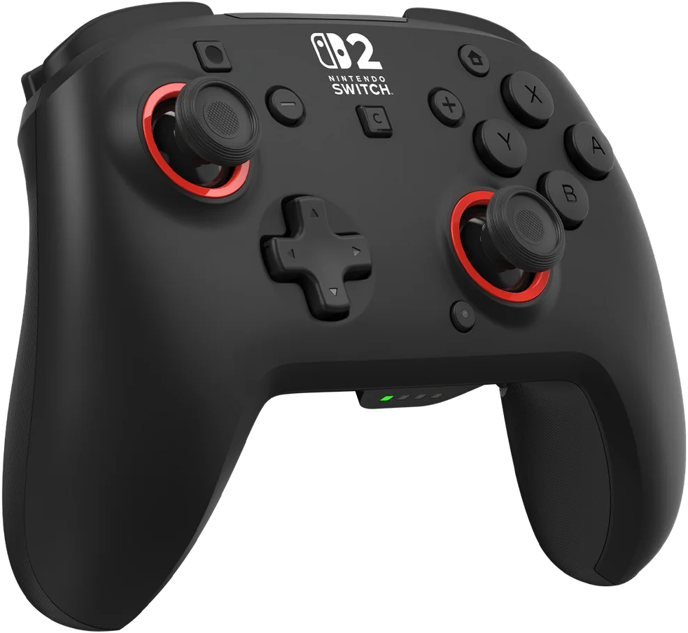 Schwarzer Nintendo Switch-Controller. Merkmale rote Ringe um die Joysticks. Tasten sind A, B, X, Y, Plus, Minus und Richtungstasten.
