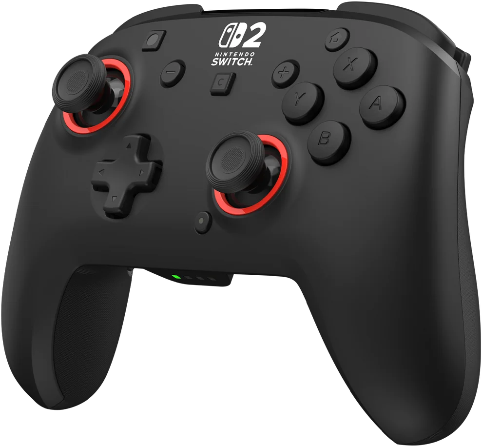 Schwarzer Nintendo Switch-Controller. Merkmale sind Knöpfe, Joysticks mit roten Ringen und ein Steuerkreuz.