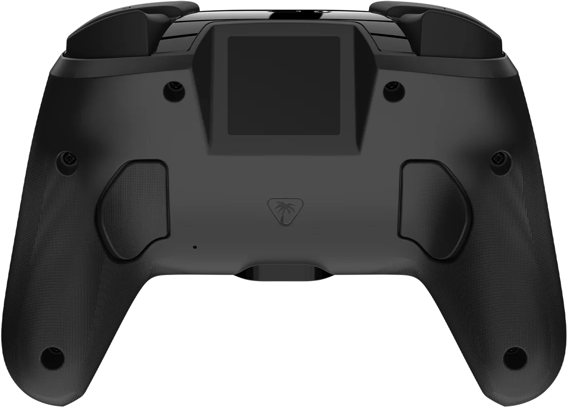 Nahaufnahme eines schwarzen Gamecontrollers. Er hat strukturierte Griffe, Knöpfe, einen Bildschirm und ein Palmenlogo.