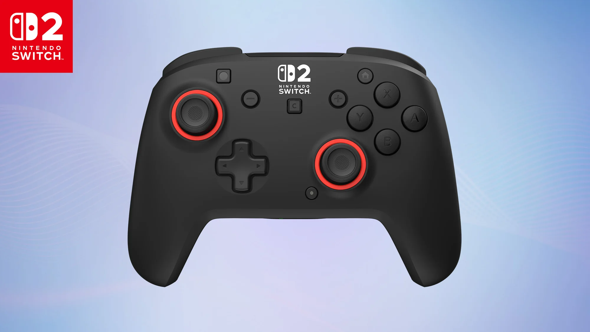 Schwarzer Nintendo Switch-Controller mit roten Akzenten an den Sticks. Tasten umfassen X, Y, A, B, Plus und Steuerkreuz. Nintendo Switch-Logo.