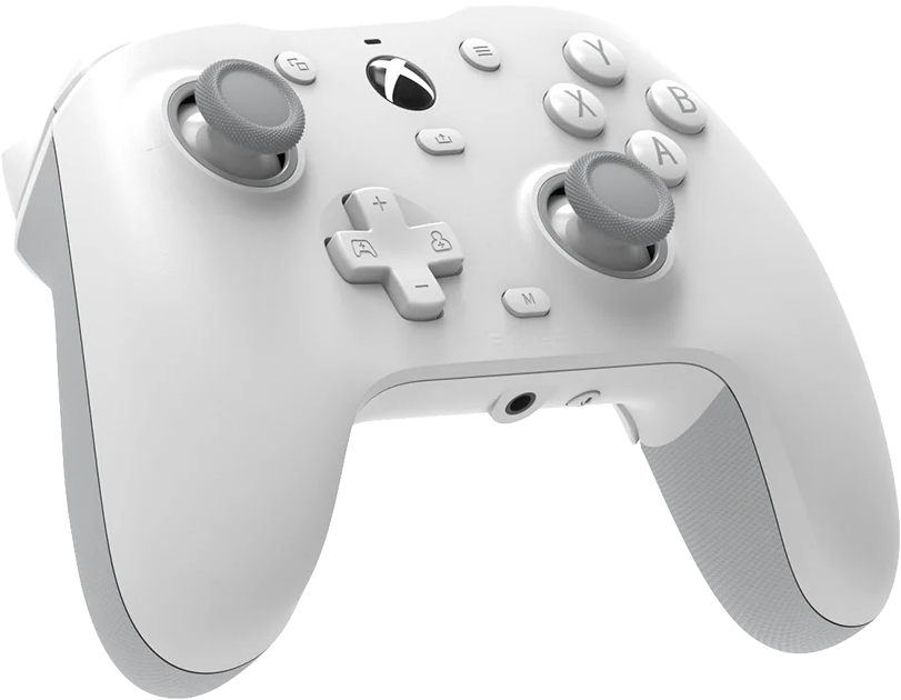 Ein weißer Xbox-Controller mit grauen Thumbsticks und Tasten. Er hat ein Steuerkreuz und verschiedene andere Tasten. Der Hintergrund ist schlicht.