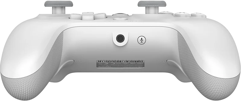 Ein weißer Gamecontroller. Er hat zwei graue Joysticks, Knöpfe und einen Anschluss für Kopfhörer. Der Griff hat ein strukturiertes Muster.