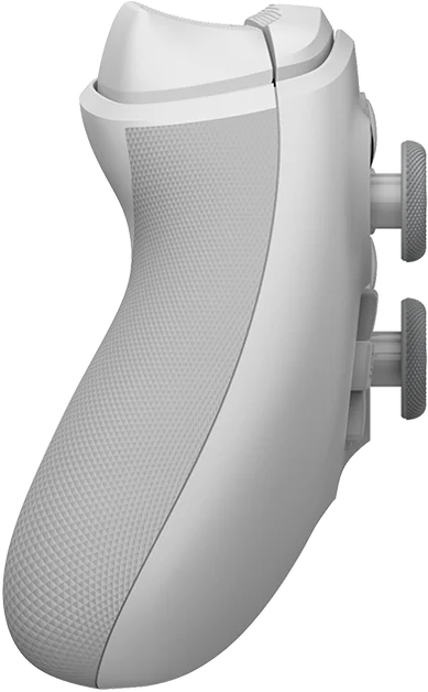 Ein weißer Gamecontroller-Griff. Er hat einen strukturierten Griffbereich, zwei graue Joysticks und glatte Oberflächen. Seitenansicht.