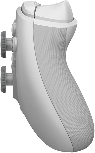 Ein weißer Gamecontroller mit strukturierter Grifffläche und Knöpfen. Der Controller hat ein ergonomisches Design.