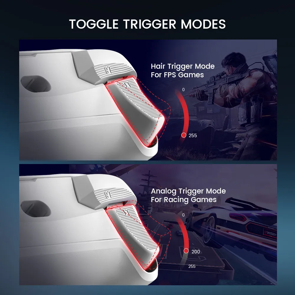 Das Bild zeigt Triggermodi für einen Gaming-Controller: Hair Trigger für FPS-Spiele und Analog Trigger für Rennspiele, mit numerischen Bereichen.