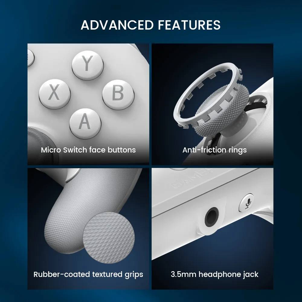 Weißer Gamecontroller mit erweiterten Funktionen: Knöpfe, Anti-Reibungs-Ringe, strukturierte Griffe und eine Kopfhörerbuchse.