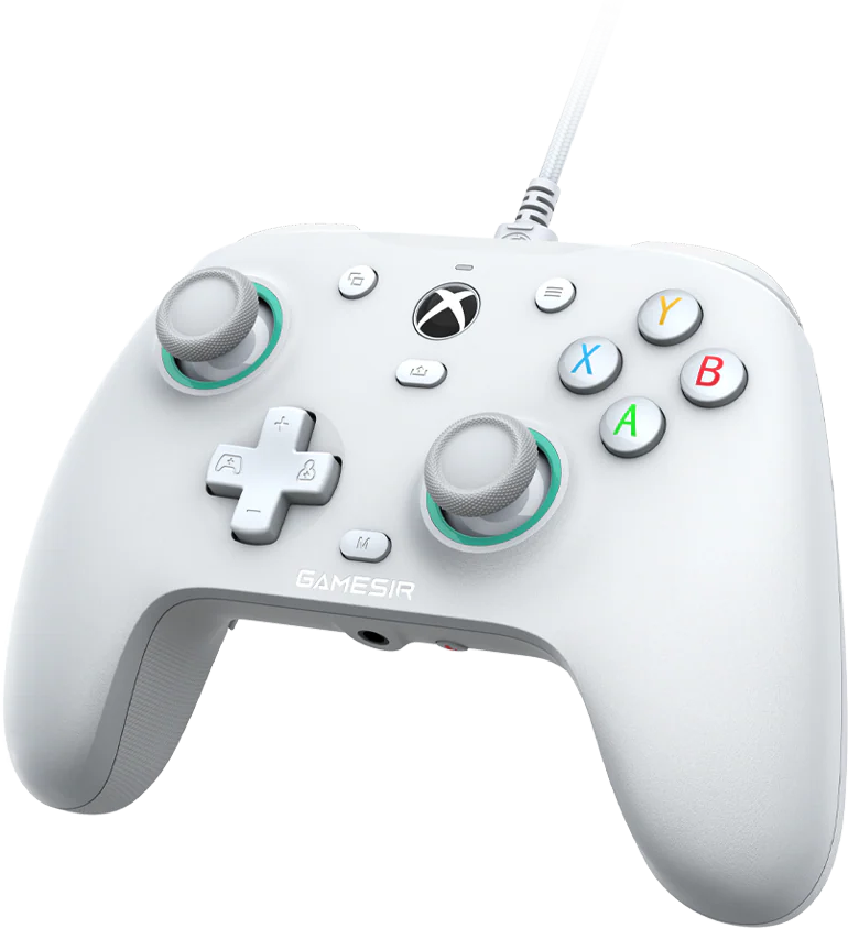 Weißer Xbox-Controller mit grünen Akzenten. Mit Tasten, Joysticks und Gamesir-Logo. Ein weißes und grau gestreiftes Kabel ist befestigt.