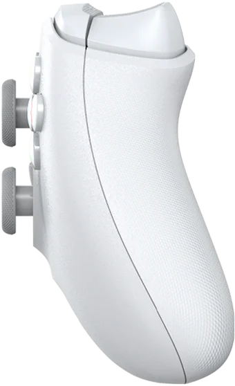 Ein weißer Gamecontroller wird von der Seite gezeigt. Er hat Knöpfe, Auslöser und einen strukturierten Griff. Der Hintergrund ist schwarz.