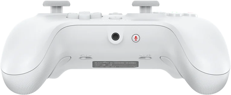 Ein weißer Gamecontroller ist abgebildet. Er hat Knöpfe, Joysticks und ein Mikrofonsymbol. Das Design ist elegant und modern.