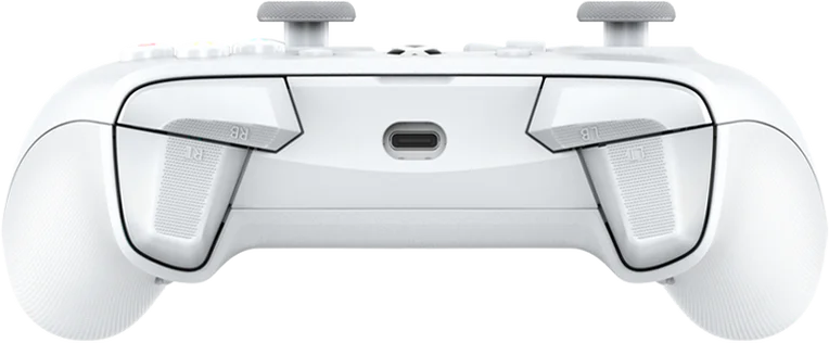 Ein weißer Gamecontroller wird gezeigt. Er hat Knöpfe, Auslöser und einen USB-C-Anschluss. Das Design ist modern und elegant.