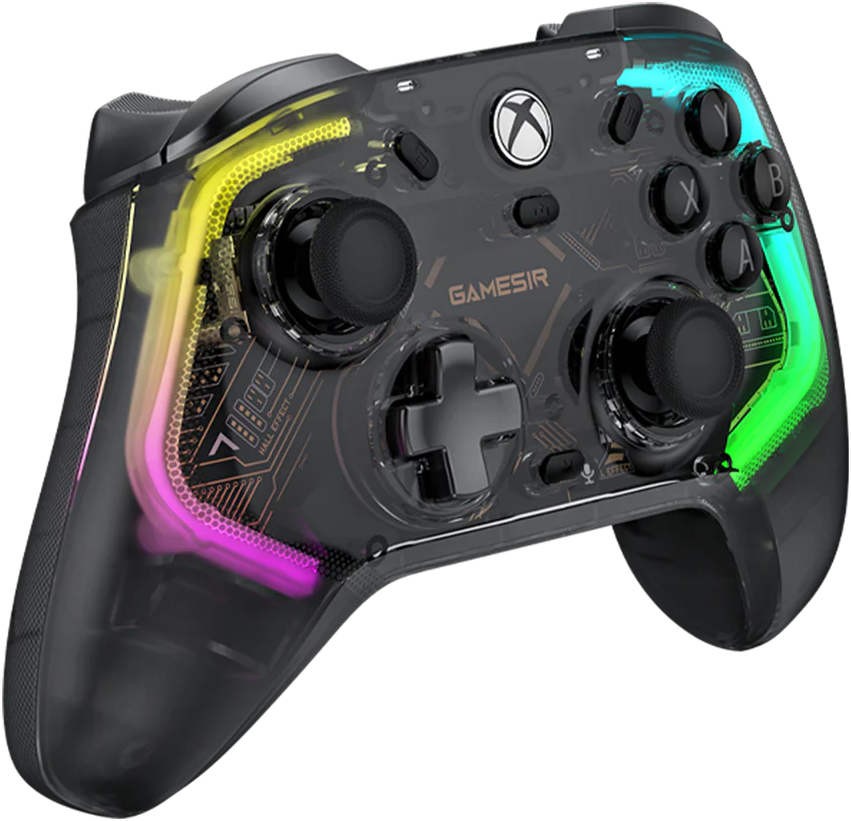 Ein durchsichtiger GameSir Xbox-Controller mit bunten LED-Lichtern. Er hat schwarze Analog-Sticks, Tasten und ein Steuerkreuz.