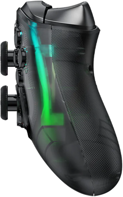Ein durchsichtiger, schwarzer Gamecontroller mit grünen und blauen Innenlichtern. Tasten und Joysticks sind sichtbar.