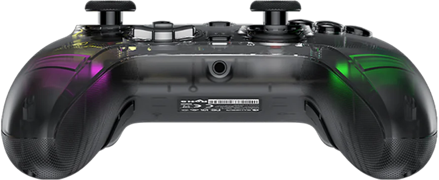Ein transparenter Gamecontroller, schwarz und klar. Es hat Knöpfe, Joysticks und farbige Lichter (grün und lila) im Inneren.