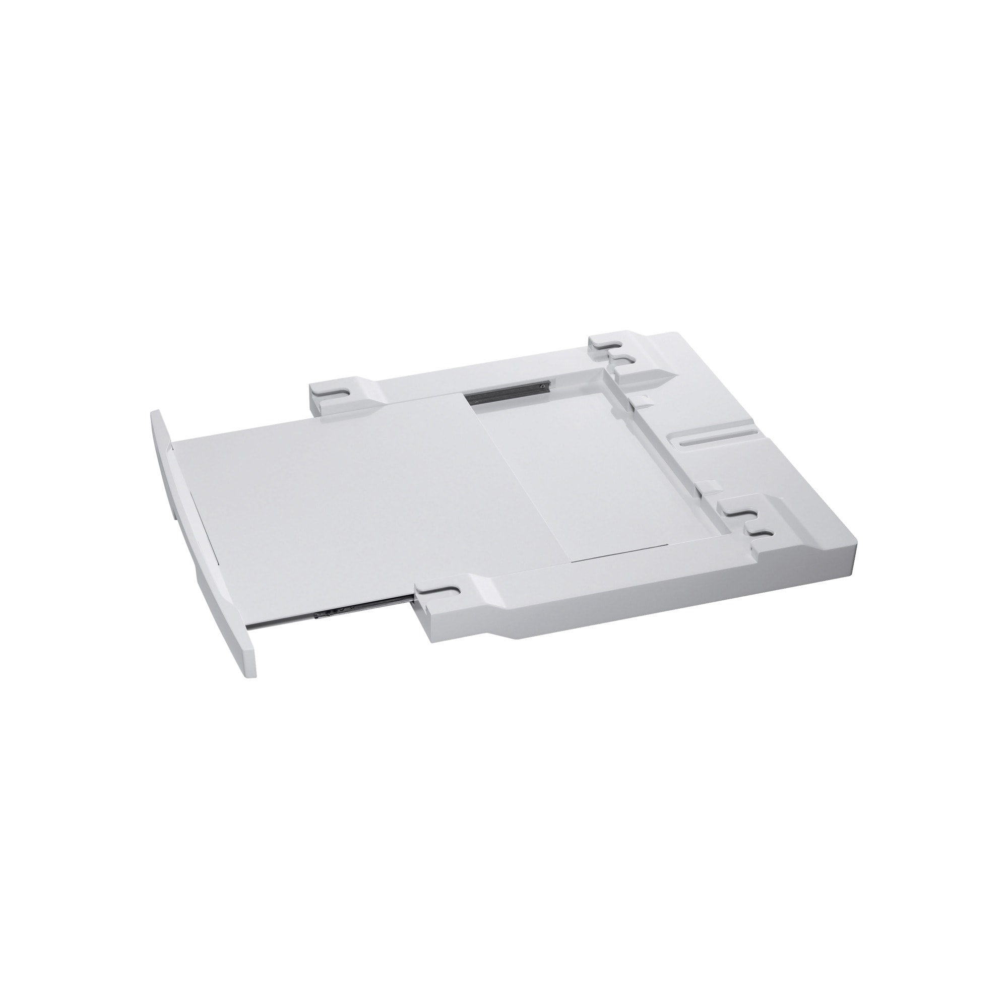 Un bac à papier d'imprimante blanc sur fond blanc. Le bac est rectangulaire, avec des bords surélevés et des pièces coulissantes.