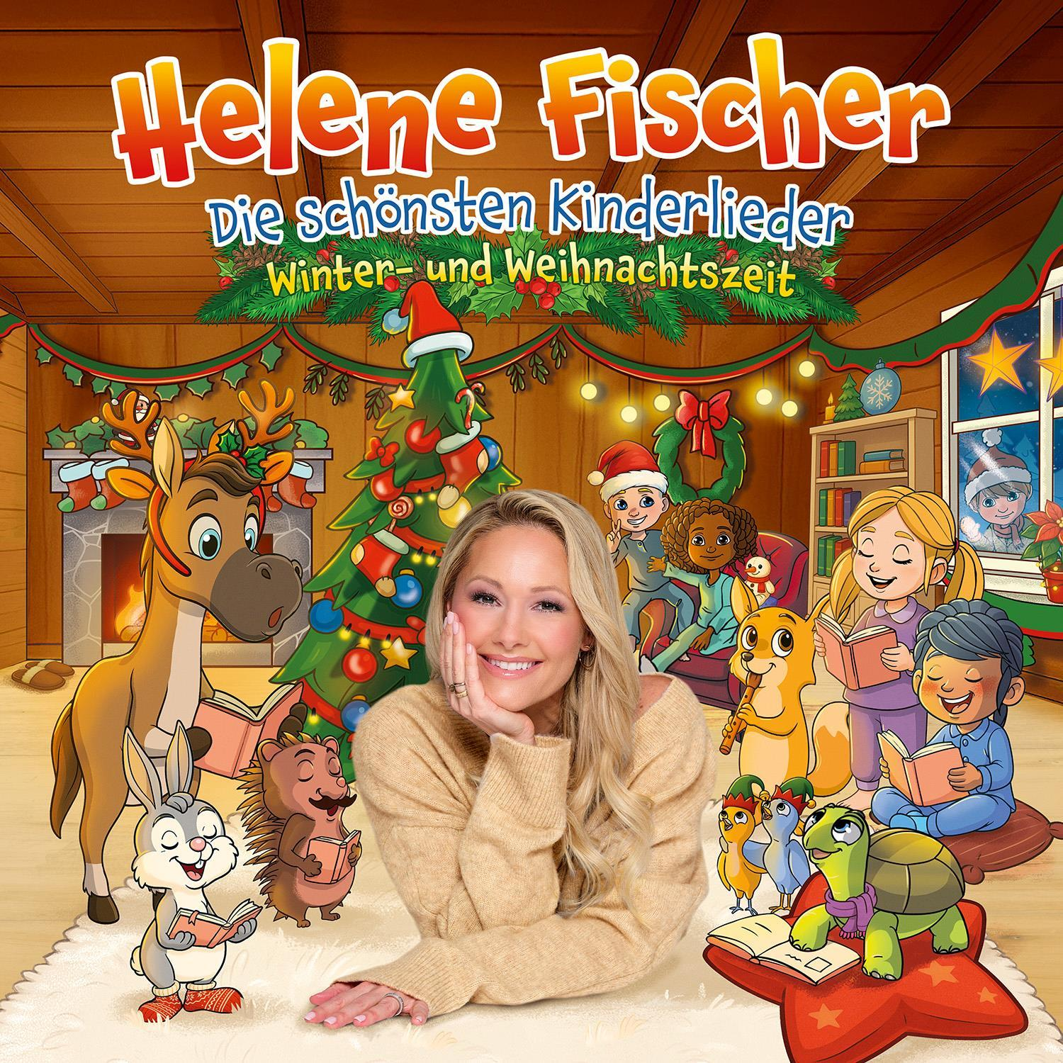 Helene Fischer Albumcover. Sie lächelt, umgeben von Zeichentricktieren, Kindern, einem Weihnachtsbaum und einem Kamin.