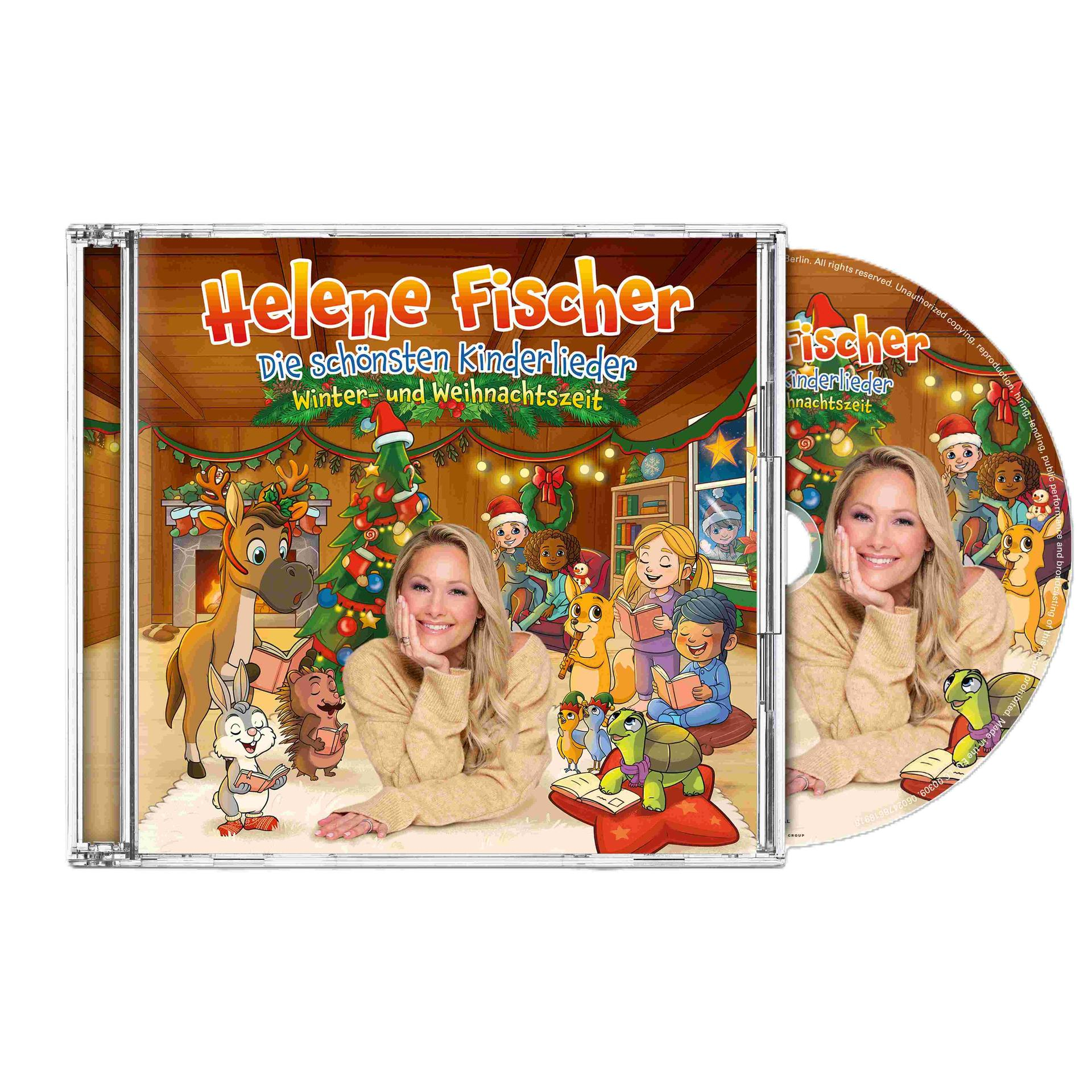 CD-Cover. Helene Fischer, Kinderlieder. Illustration von lesenden Tieren, Weihnachtsbaum und lächelnder Frau.