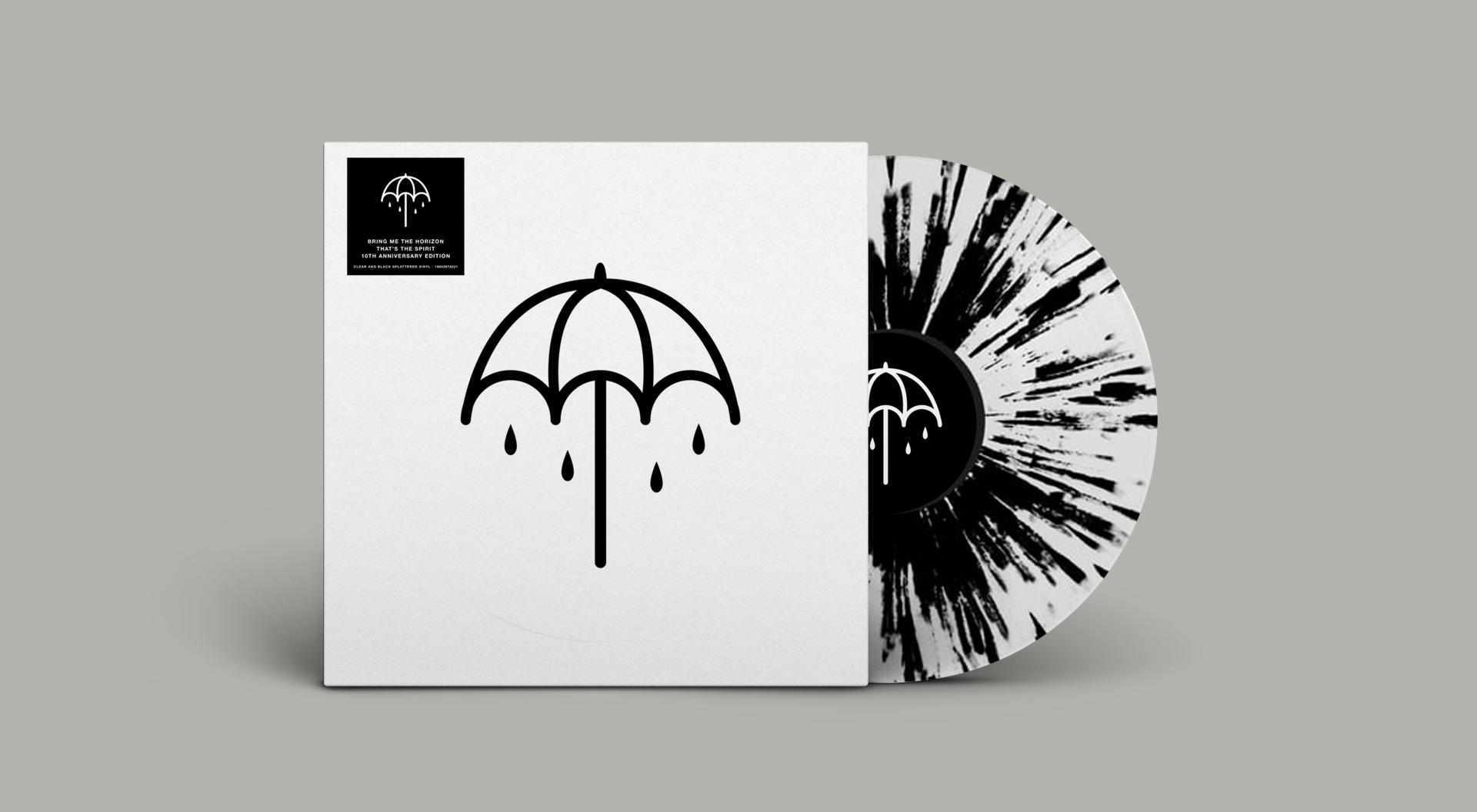 Album borító: Fehér háttér fekete esernyő logóval. Fekete-fehér fröcskölt vinyl kilóg a tokból.