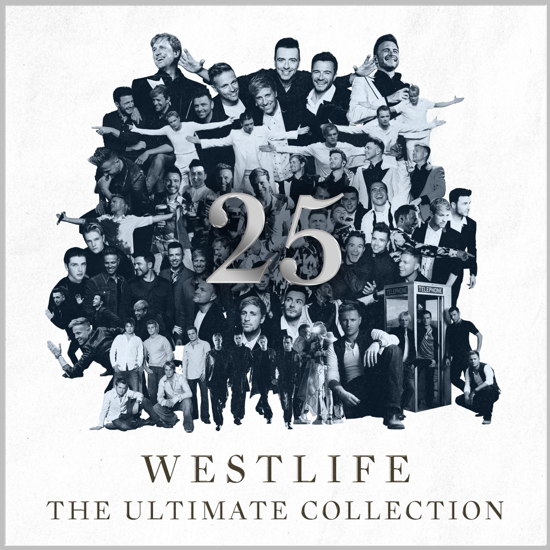 Album borító: Sok férfi arca fekete-fehérben. A szöveg a '25' és a 'Westlife The Ultimate Collection' feliratot tartalmazza.