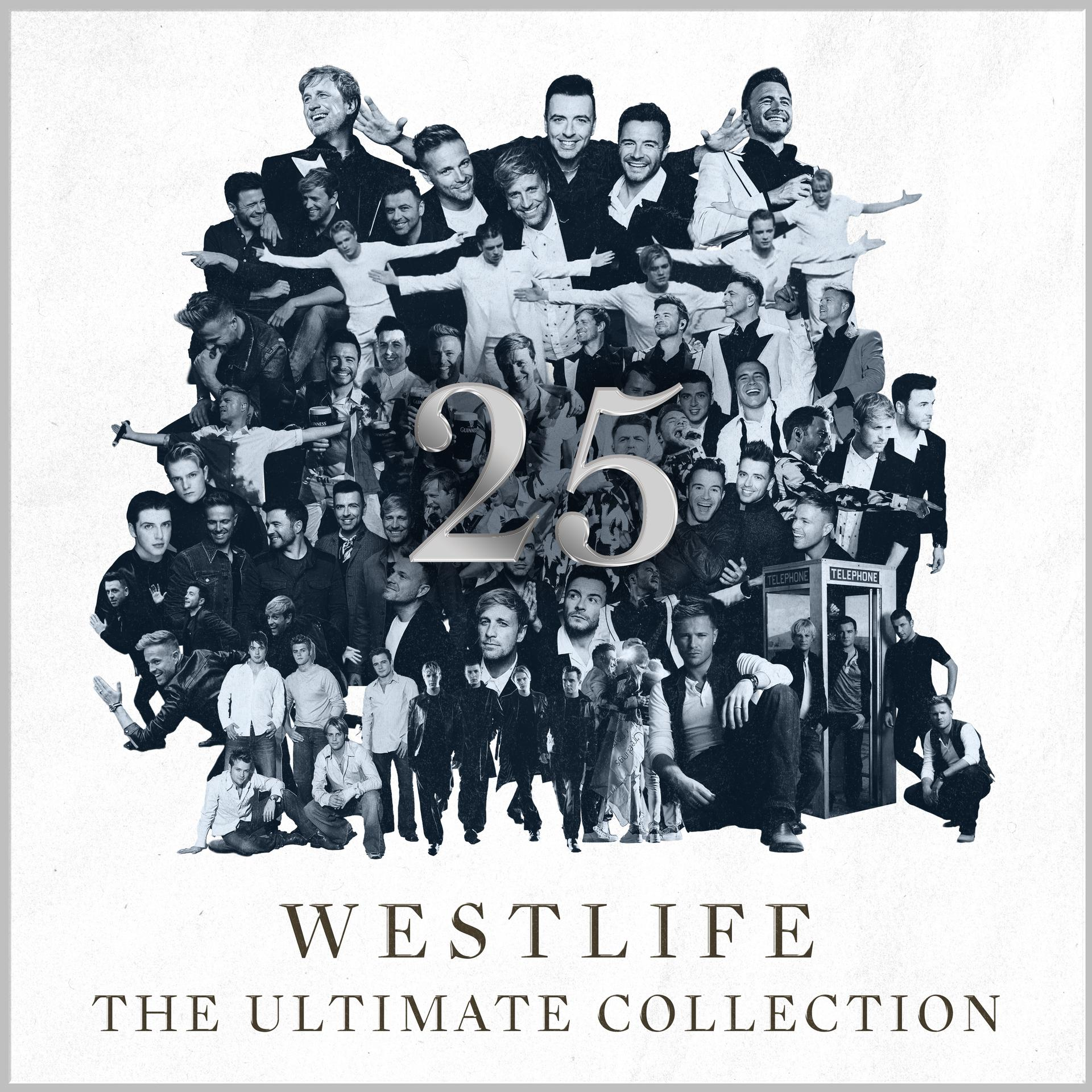 A képen férfiak kollázsa látható, a Westlife zenekar, középen a 25-ös számmal. Alul a felirat: "Westlife The Ultimate Collection".
