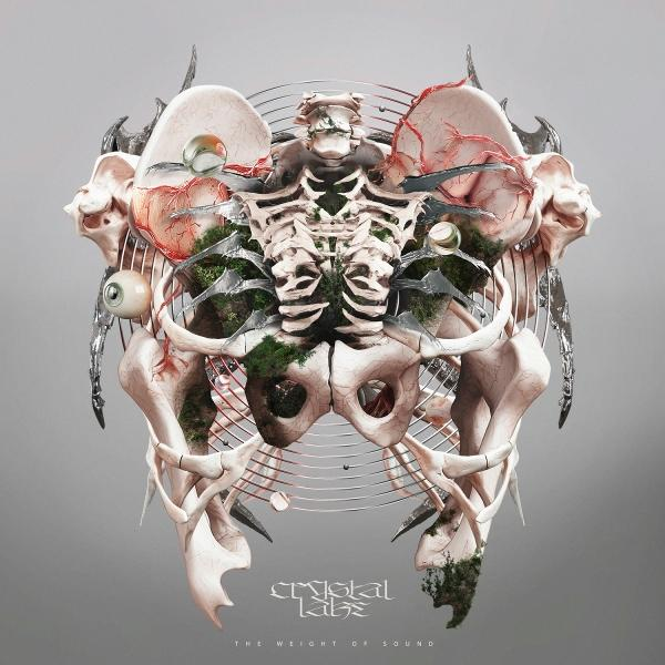Egy csontváz művészi ábrázolása belső szervekkel és zölddel. Szürke háttér 'Crystal Labs' és 'The Weight of Sound' felirattal.