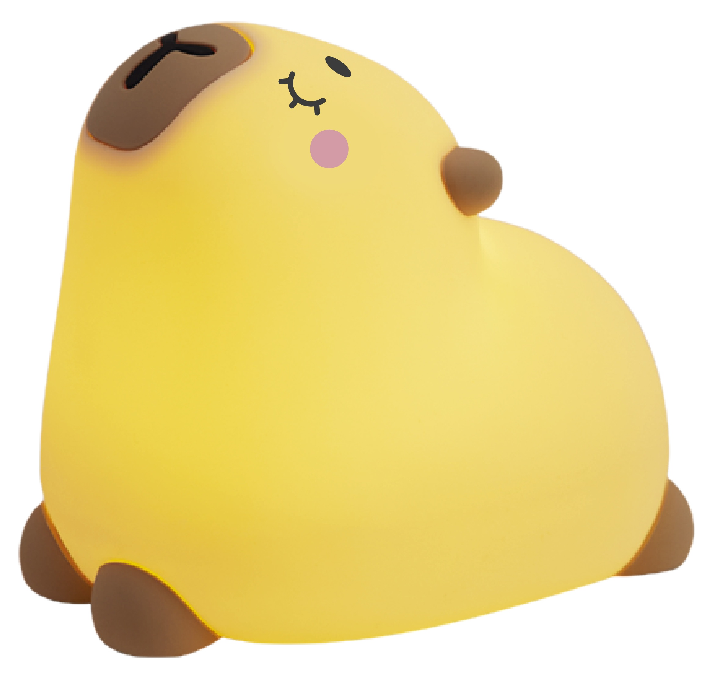 Żółta lampka nocna w kształcie mopsa z zamkniętymi oczami. Ma brązowe uszy i łapy. Różowy policzek. Czarne tło.