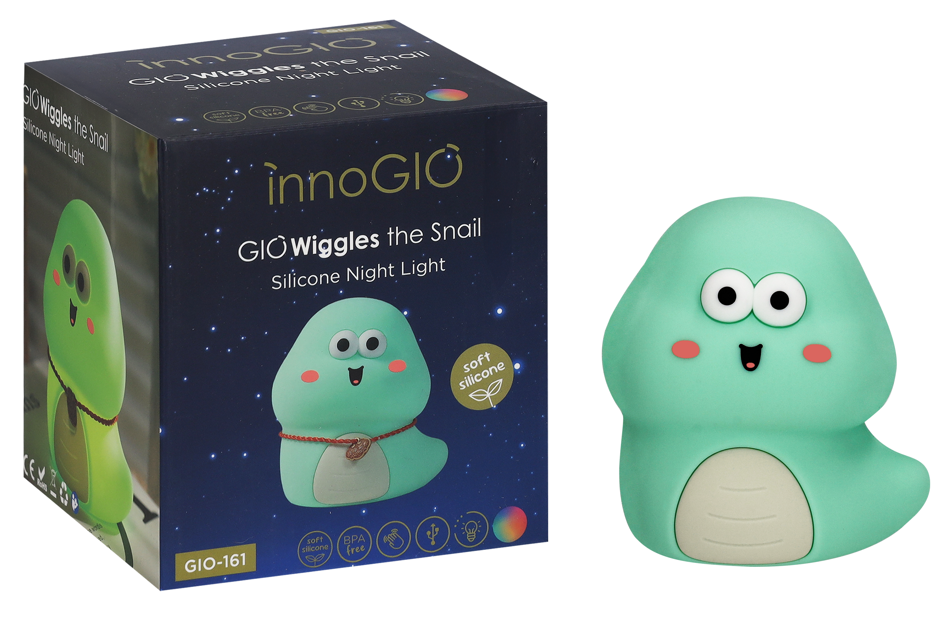 Światło nocne w kształcie ślimaka, obok pudełka z tym samym wzorem. Oba są jasnozielone.