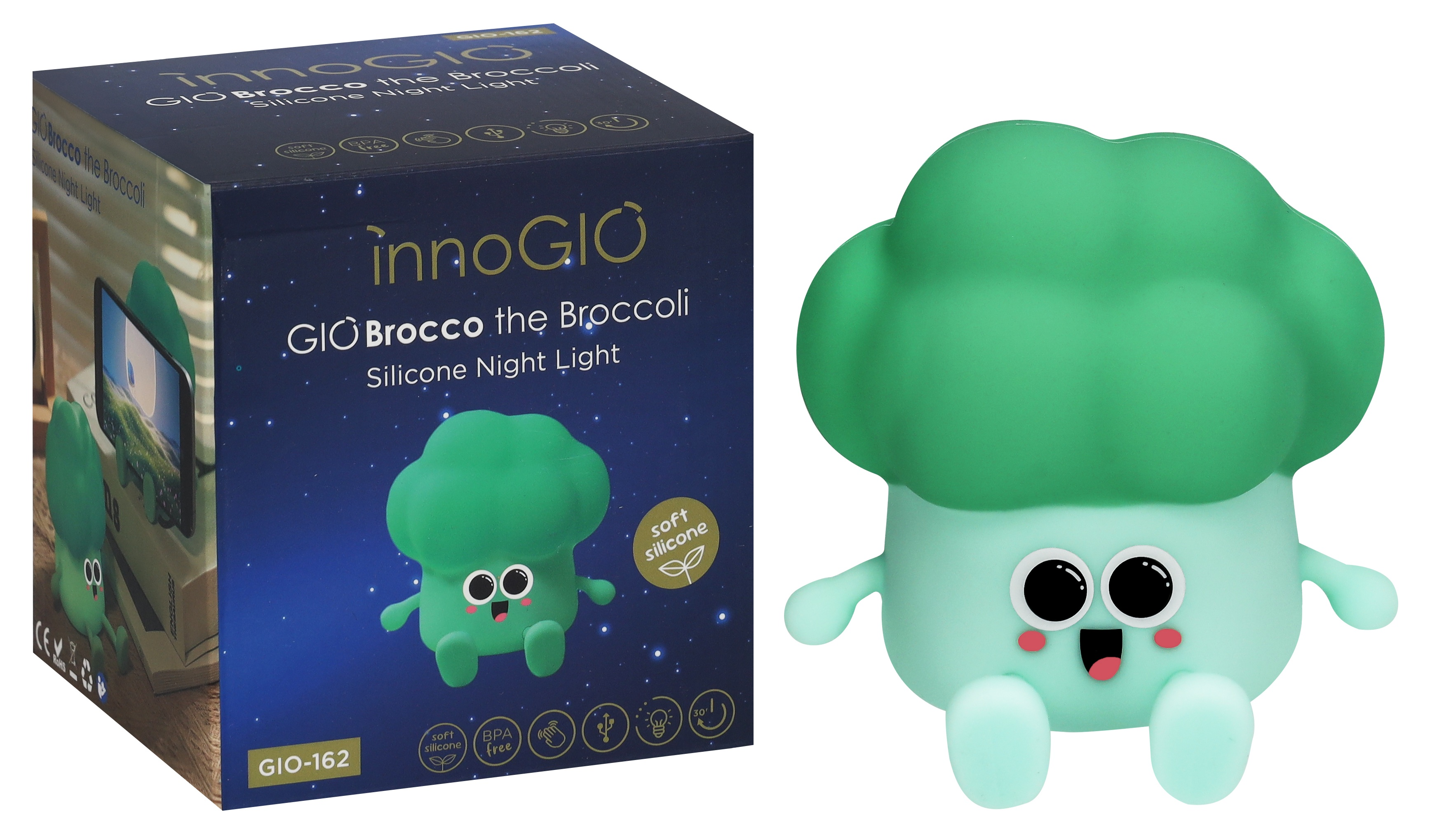 Brokułowa lampka nocna i jej pudełko. Światło jest zielone i niebieskie, z uśmiechniętą twarzą. Pudełko zawiera tekst i obrazy.