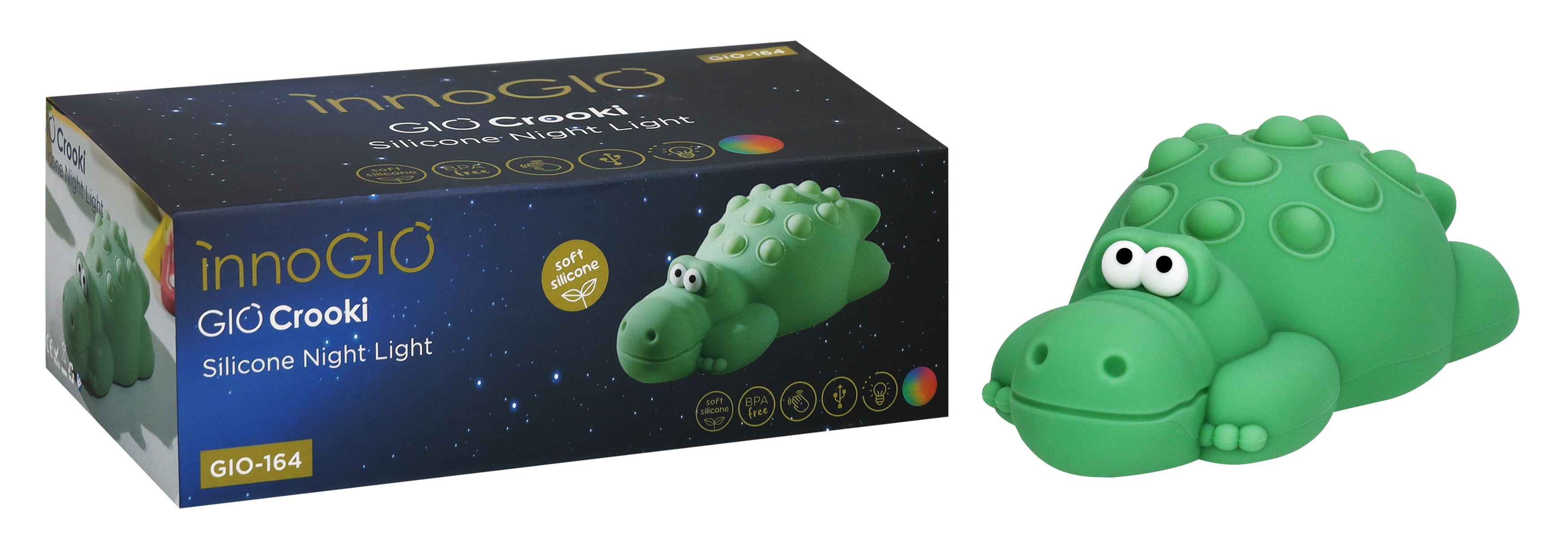 Zielona lampka nocna w kształcie krokodyla i jej pudełko. Na pudełku napis 'innoGIO' i 'GIO Crooki Silicone Night Light'.