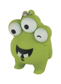 Zielony, trójoki brelok do kluczy z potworem, uśmiechnięty z białymi zębami, okrągłymi oczami, małymi stopami i metalowym kółkiem.