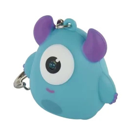 Niebieski brelok do kluczy z potworem, jednym okiem i fioletowymi uszami.