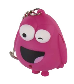 Różowa postać z kreskówki mruga. Ma duży uśmiech, dwoje oczu i małe stopy.