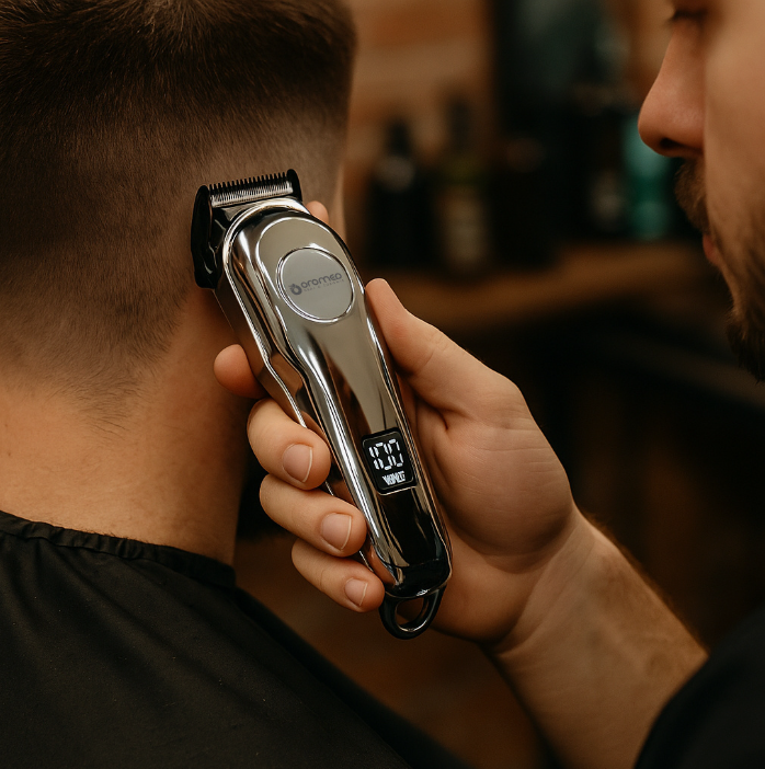 Fryzjer używa maszynki do strzyżenia włosów klienta. Maszynka jest srebrna, klient ma na sobie czarną pelerynę. Fryzjer ma brodę.