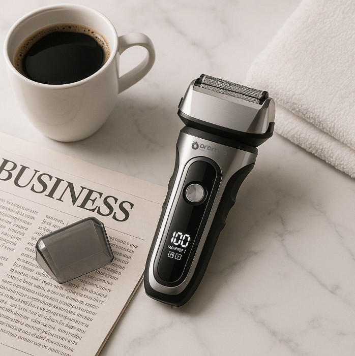 Golarka elektryczna, filiżanka kawy, gazeta i ręcznik na marmurowej powierzchni. Golarka jest srebrno-czarna, wyświetla poziom naładowania baterii.