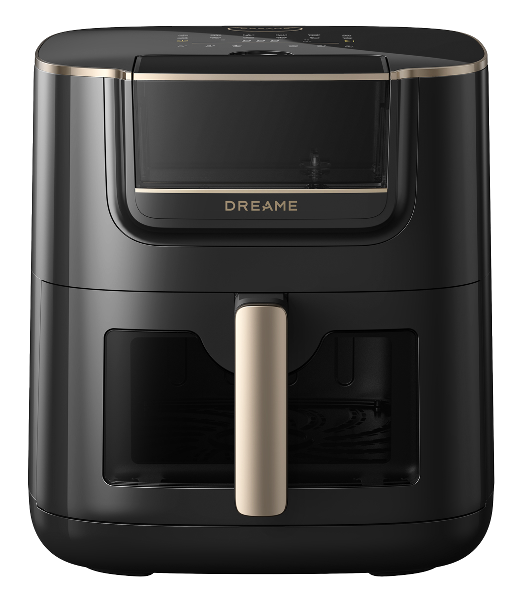 Czarna frytkownica powietrzna ze złotymi akcentami. Posiada uchwyt i okno. Widoczna marka 'DREAME'.