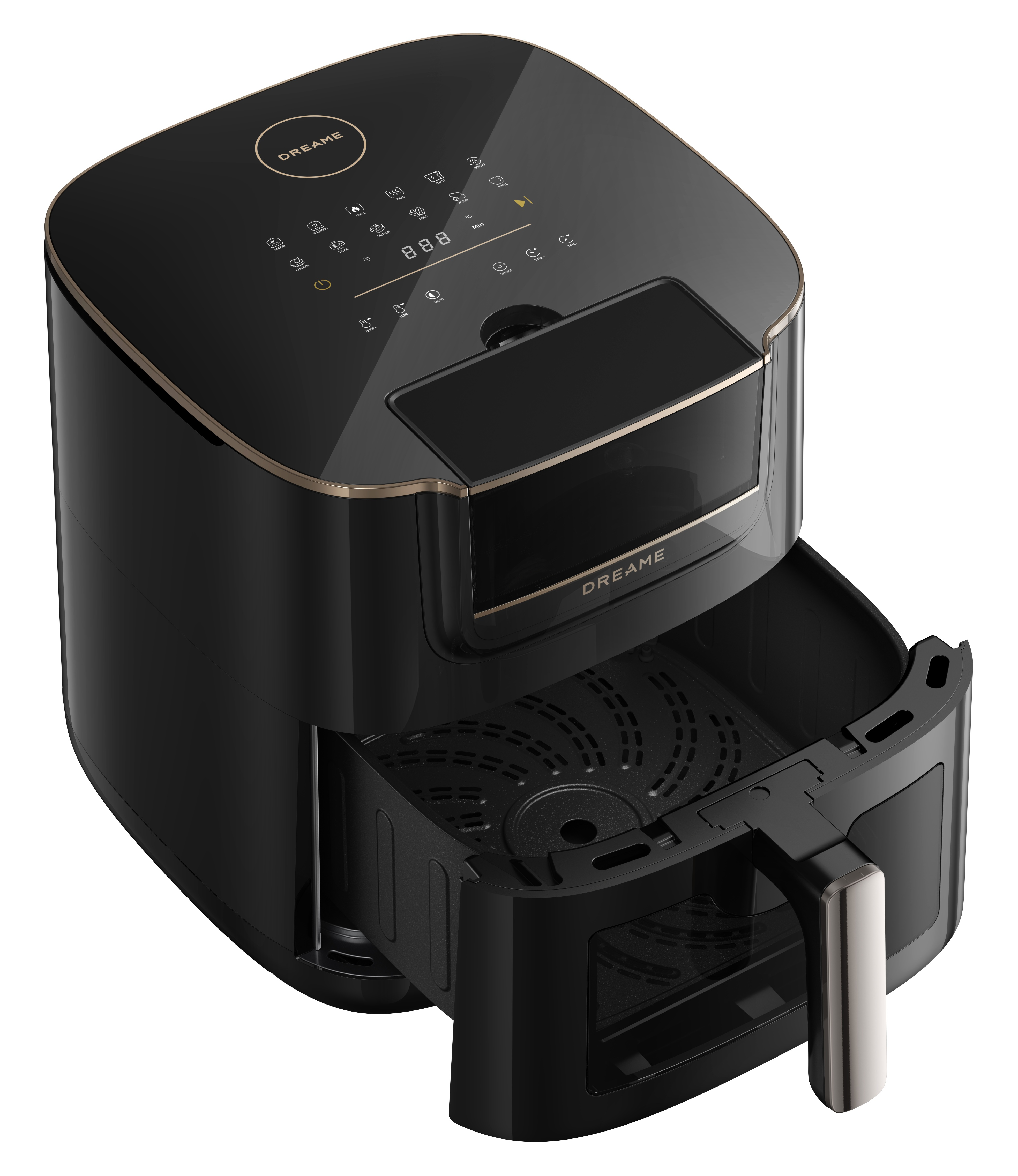 Czarna frytownica powietrzna z otwartą szufladą. Na górze panel sterowania z ikonami. Złote akcenty. Białe tło.