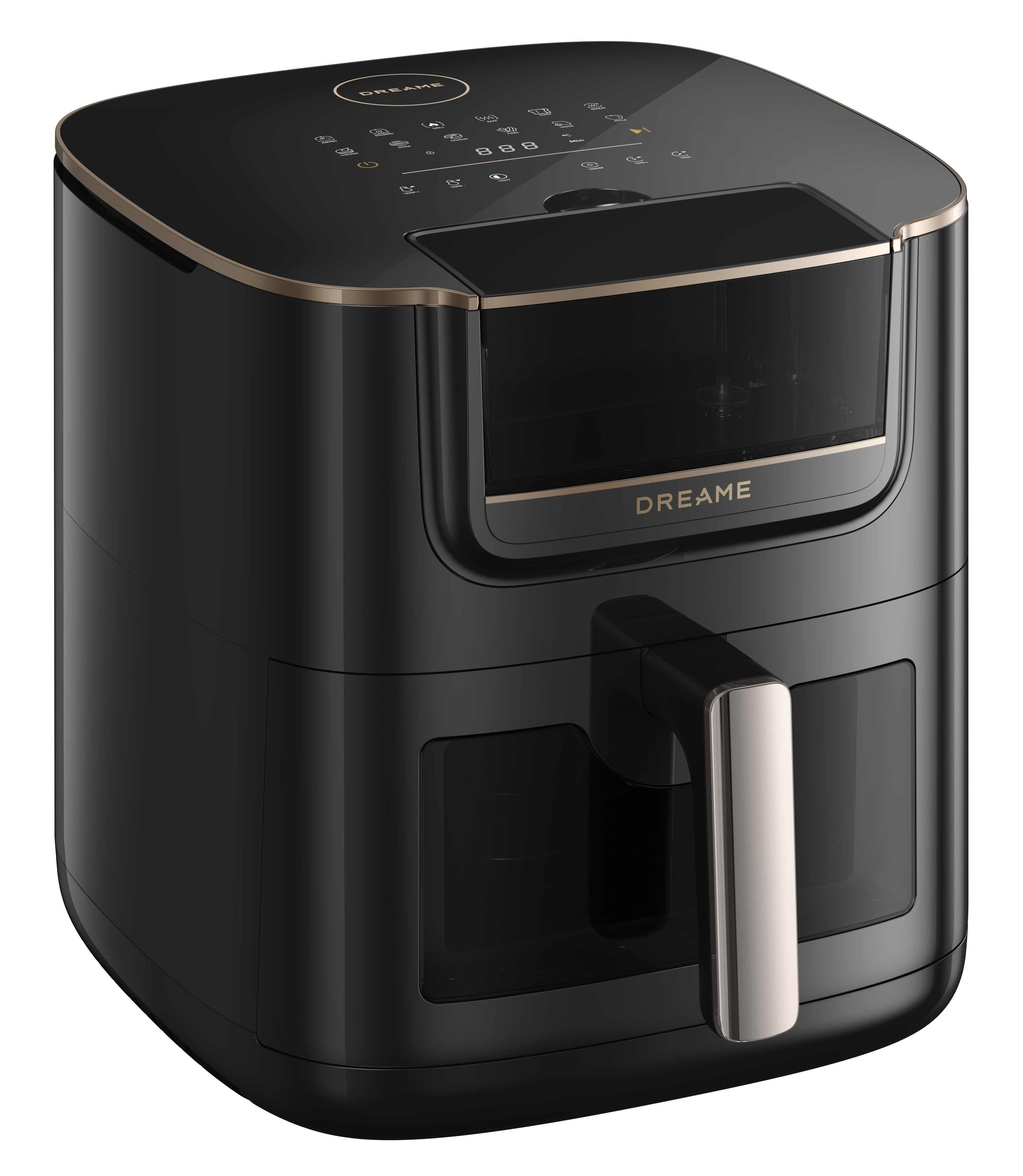Czarna frytkownica powietrzna ze złotymi akcentami. Posiada uchwyt, cyfrowy wyświetlacz i napis 'DREAME'.