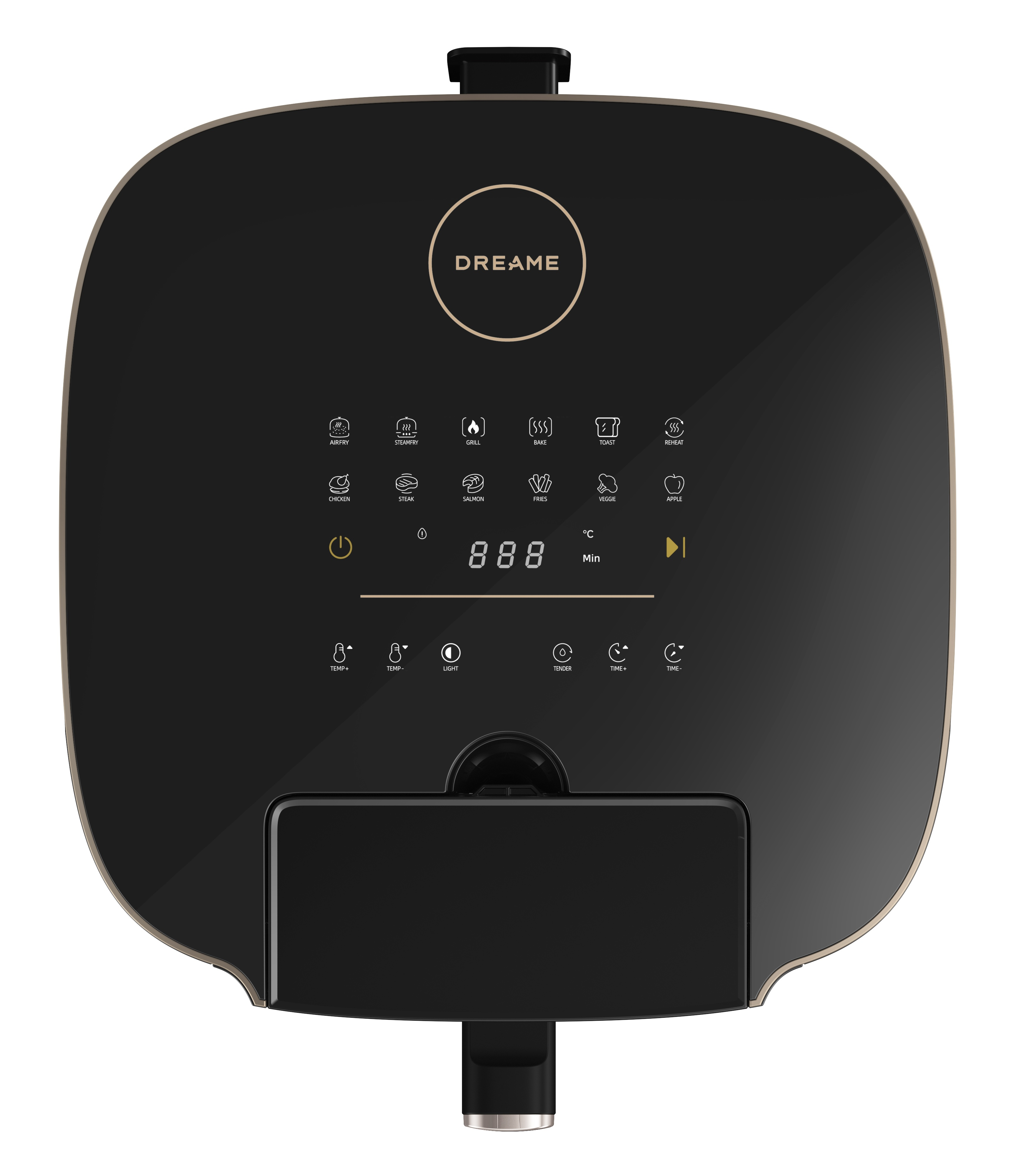 Czarna frytkownica powietrzna z panelem sterowania i ikonami jedzenia. Ekran pokazuje 888. Marka to DREAME.