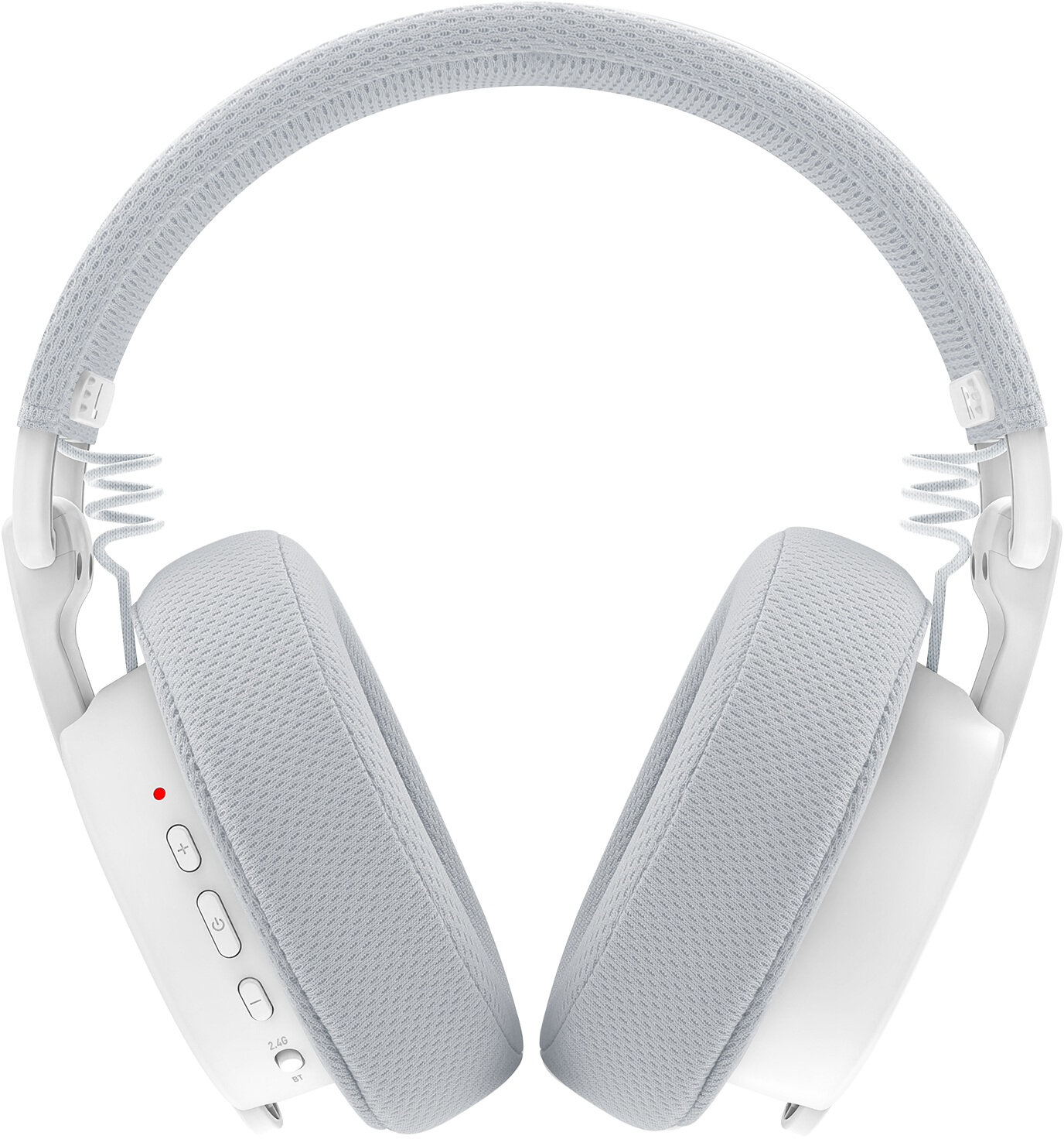 Biało-szare słuchawki. Pałąk jest szary, nauszniki szare i białe. Na lewym nauszniku znajdują się przyciski.