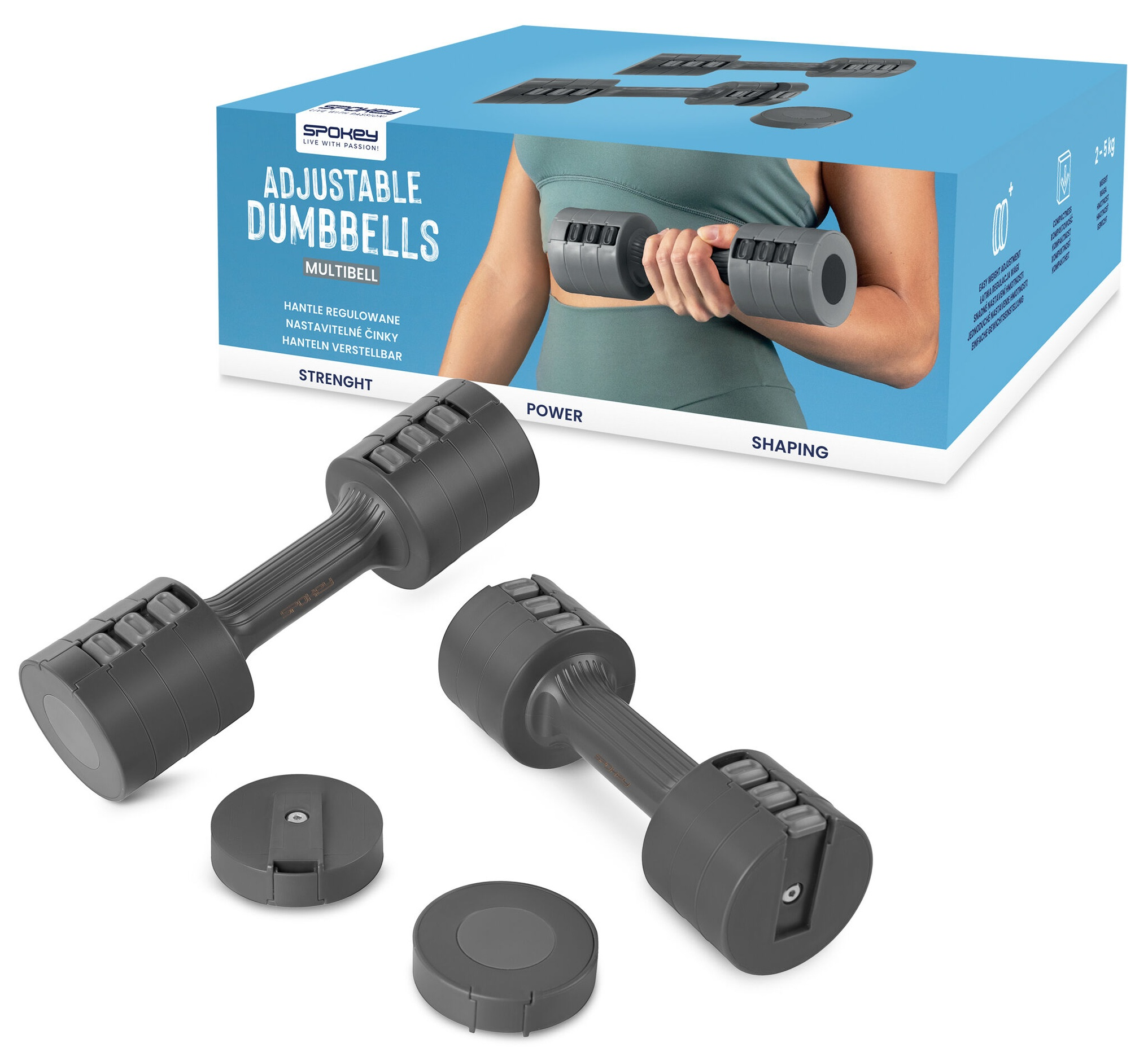 Obraz przedstawia regulowane hantle z pudełkiem. Hantle są szare, a na pudełku znajduje się tekst o produkcie.