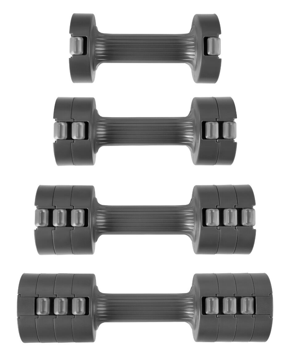Cztery szare hantle ułożone pionowo na białym tle. Każda hantla ma centralny uchwyt i dwie sekcje wagowe.