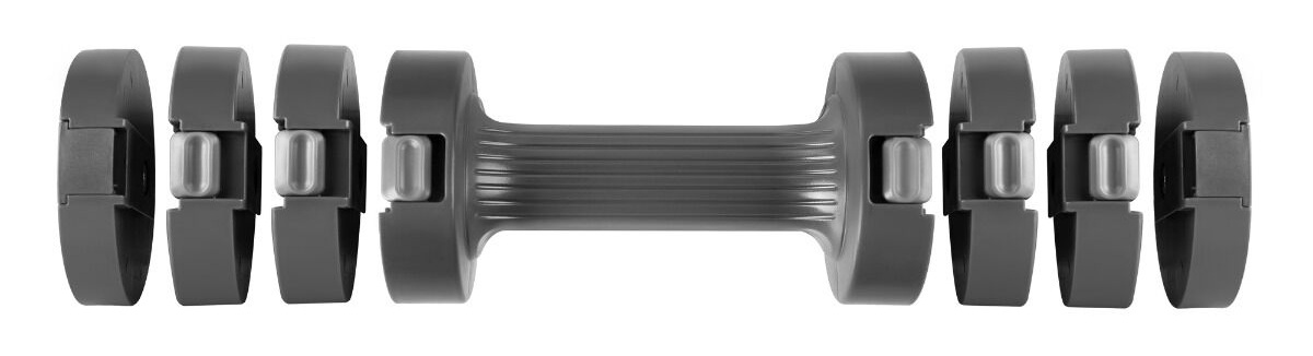Szara hantla z odpinanymi talerzami. Rękojeść jest żebrowana. Talerze są ciemnoszare ze srebrnymi sworzniami blokującymi.