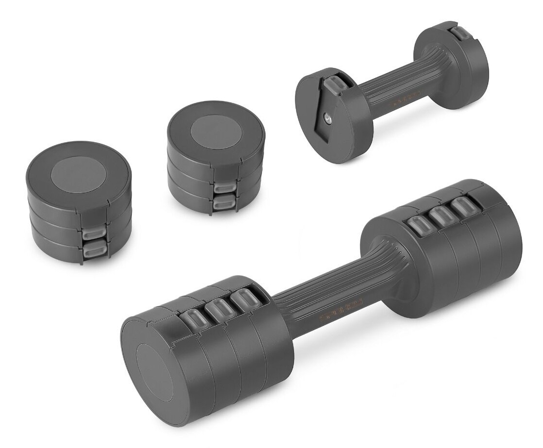Cztery szare regulowane hantle i dwie cylindryczne ciężarki są wyświetlane na białym tle. Każda ma okrągły kształt.