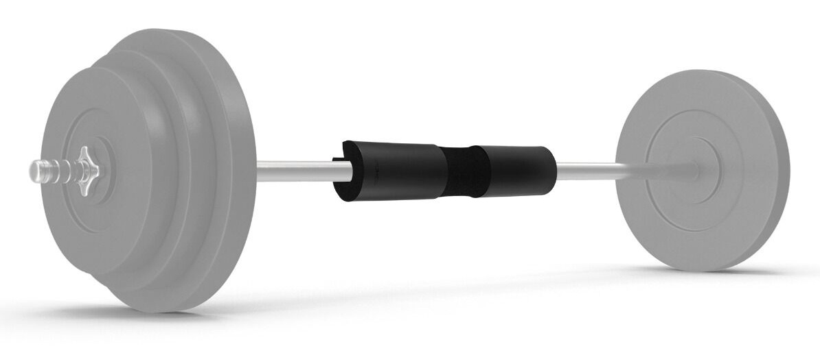 Sztanga z talerzami po każdej stronie. Czarna piankowa podkładka jest na środku sztangi.