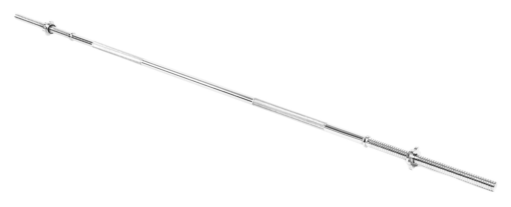 Srebrna sztanga, ustawiona na białym tle. Sztanga ma teksturowane uchwyty i gwintowane końce na obciążenia.