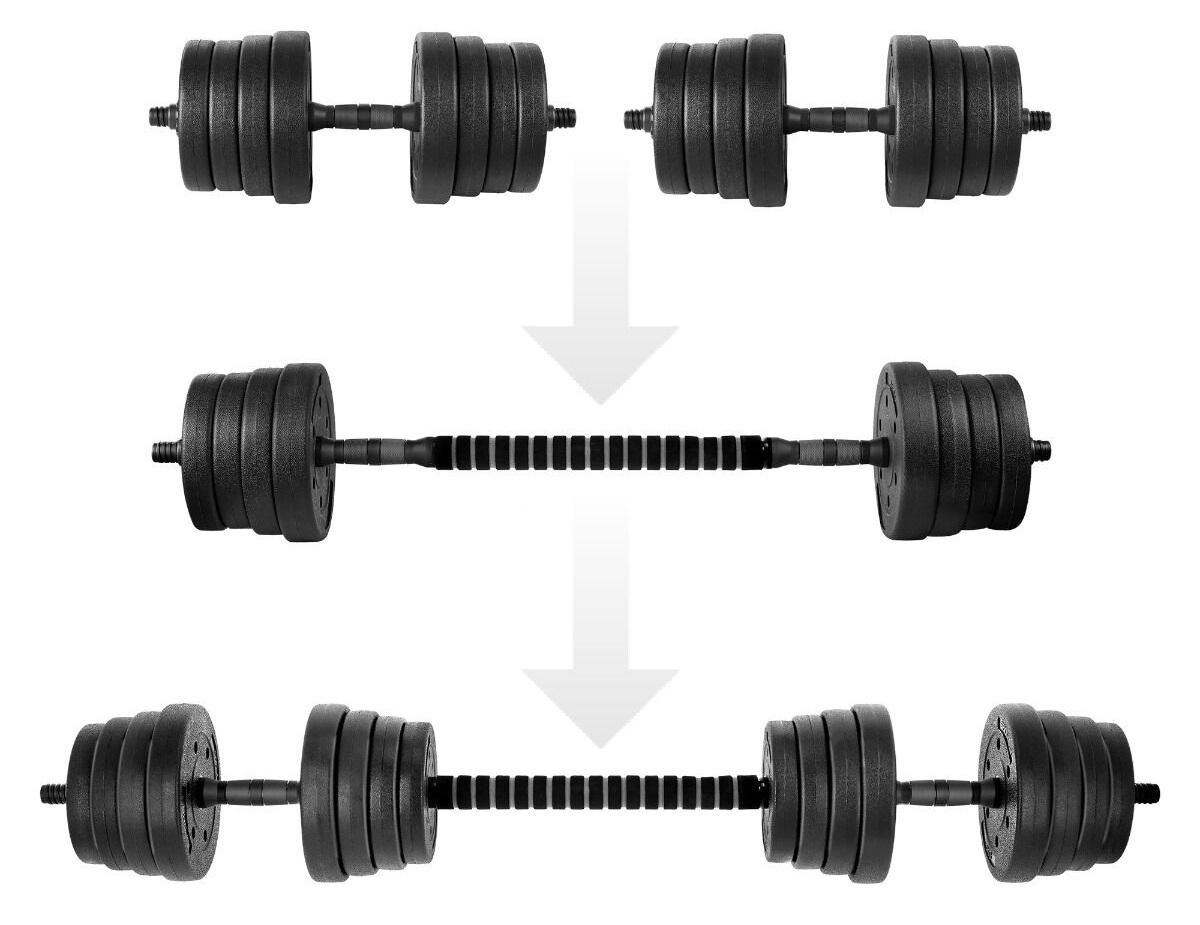 Trzy etapy montażu hantli. Czarne obciążniki dodawane są do każdego końca. Strzałki pokazują jak zmontować.