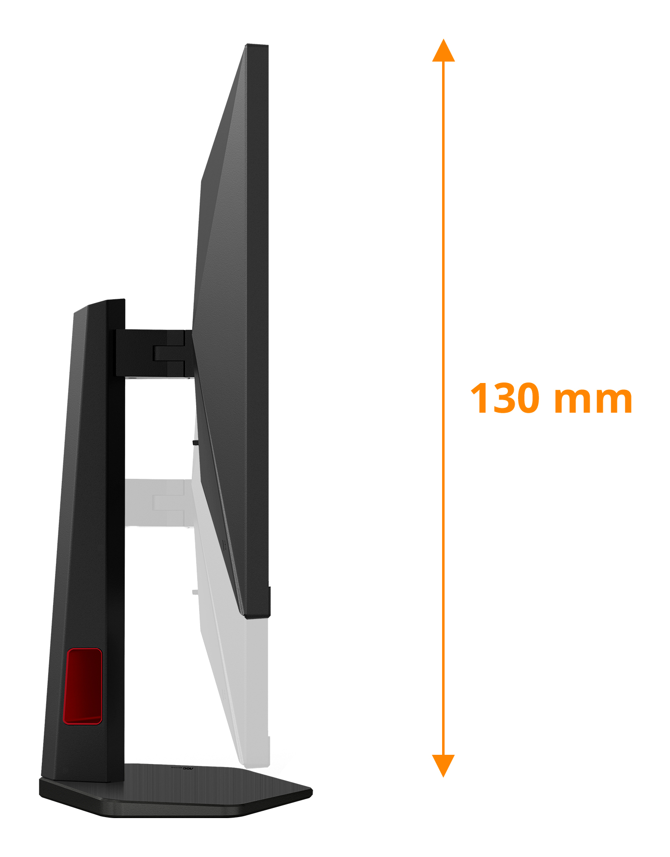Seitenansicht eines schwarzen Computermonitors. Ein oranger Pfeil zeigt eine Höhe von 130 mm an. Der Monitor hat einen schwarzen Ständer mit rotem Akzent.